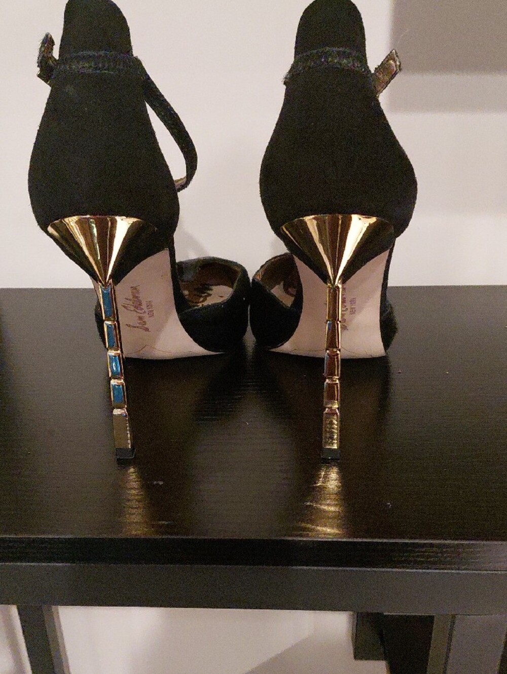 Sam Edelman Black Pointed T-Strap Stiletto Heels with Gold Heel - Picture 5 of 8